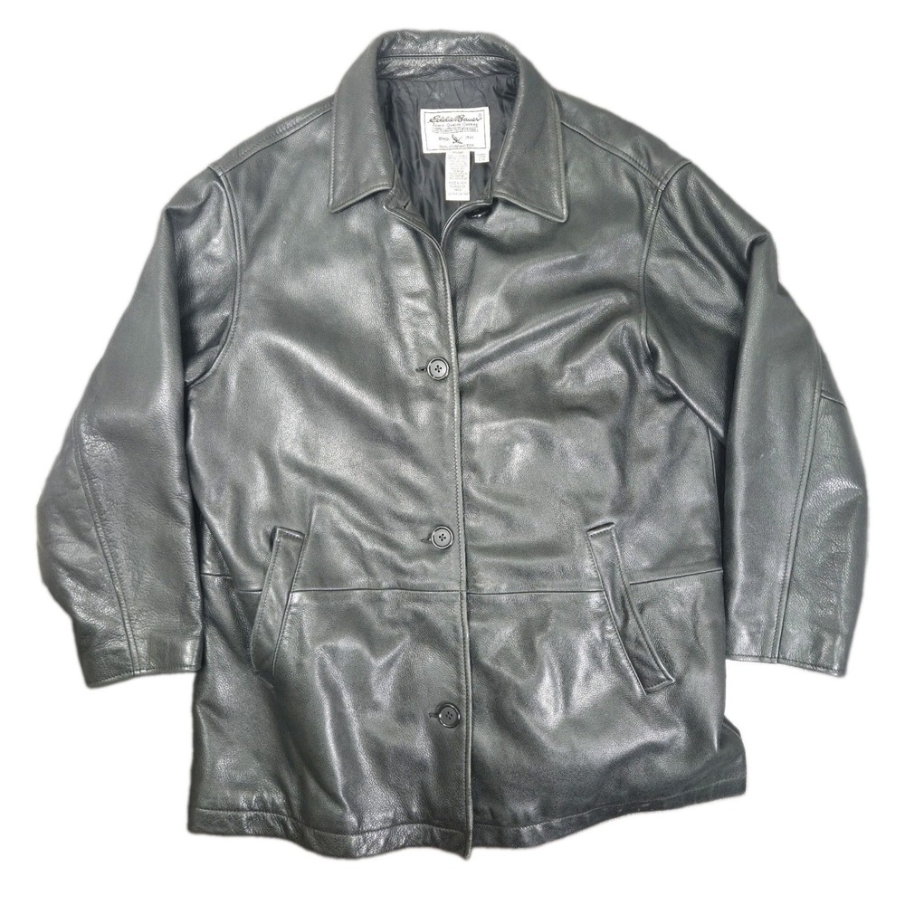 Vintage 90s Eddie Bauer Black Leather Car Coat Mid Length Duster Womens Large